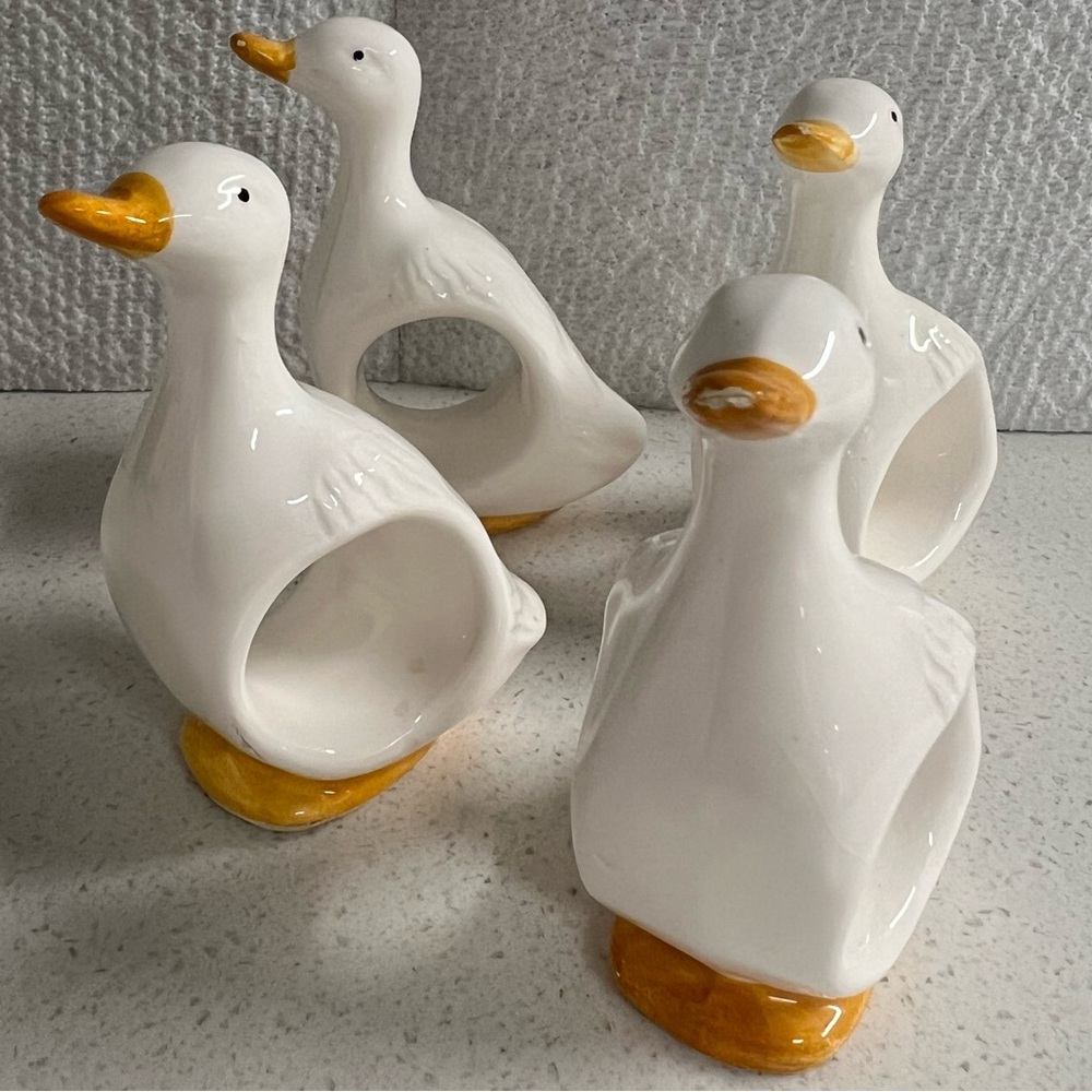 Vintage Ceramic White Duck Goose Napkin Rings Set of 4 Farmhouse Kitchen